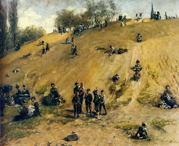In 1886: People hanging out on 'cross hill', named after Schinkel's memorial to the Napoleonic Wars.